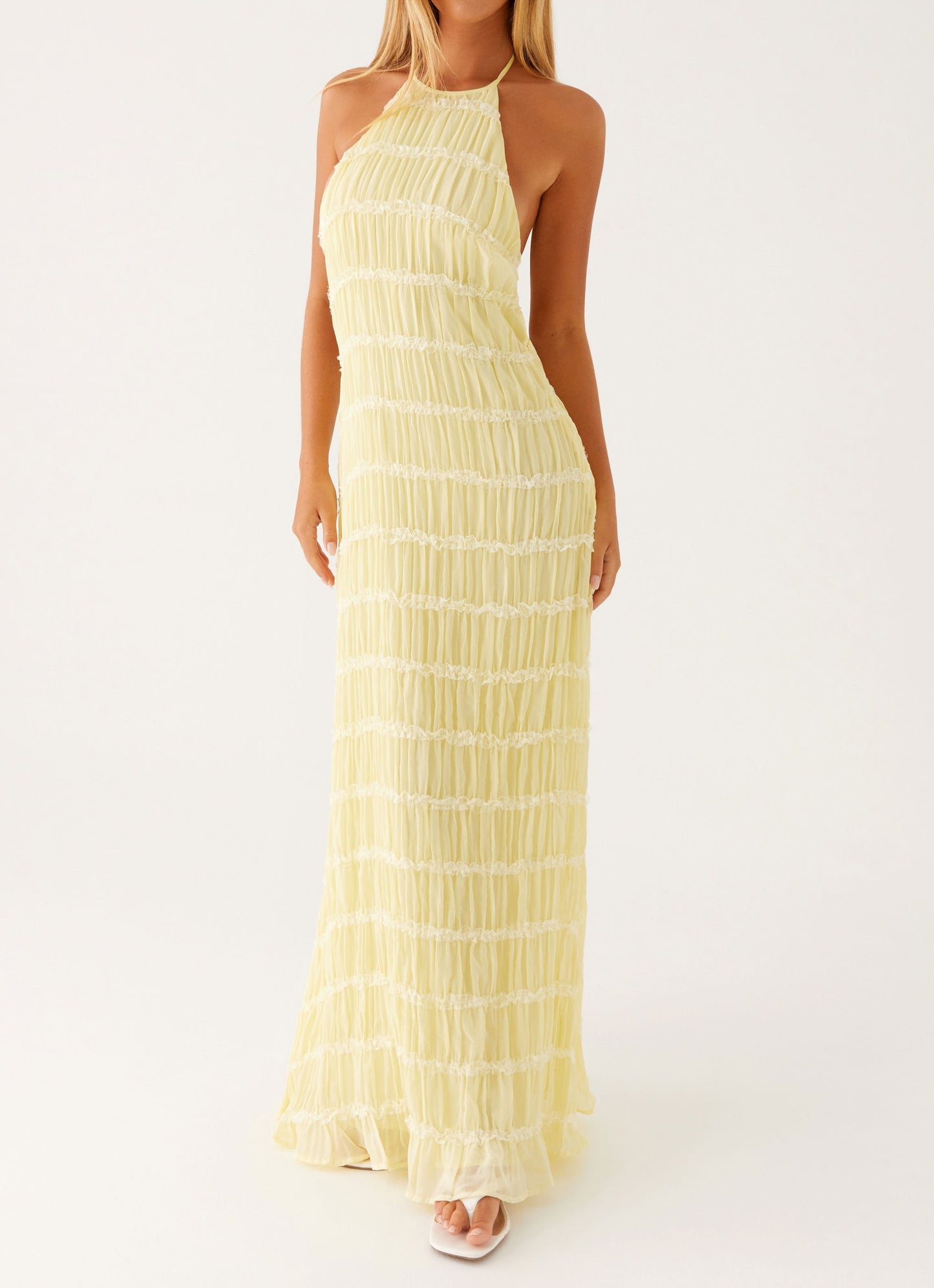 Women's Halter Neck Open Back Textured Maxi Evening Dress Wedding Guest