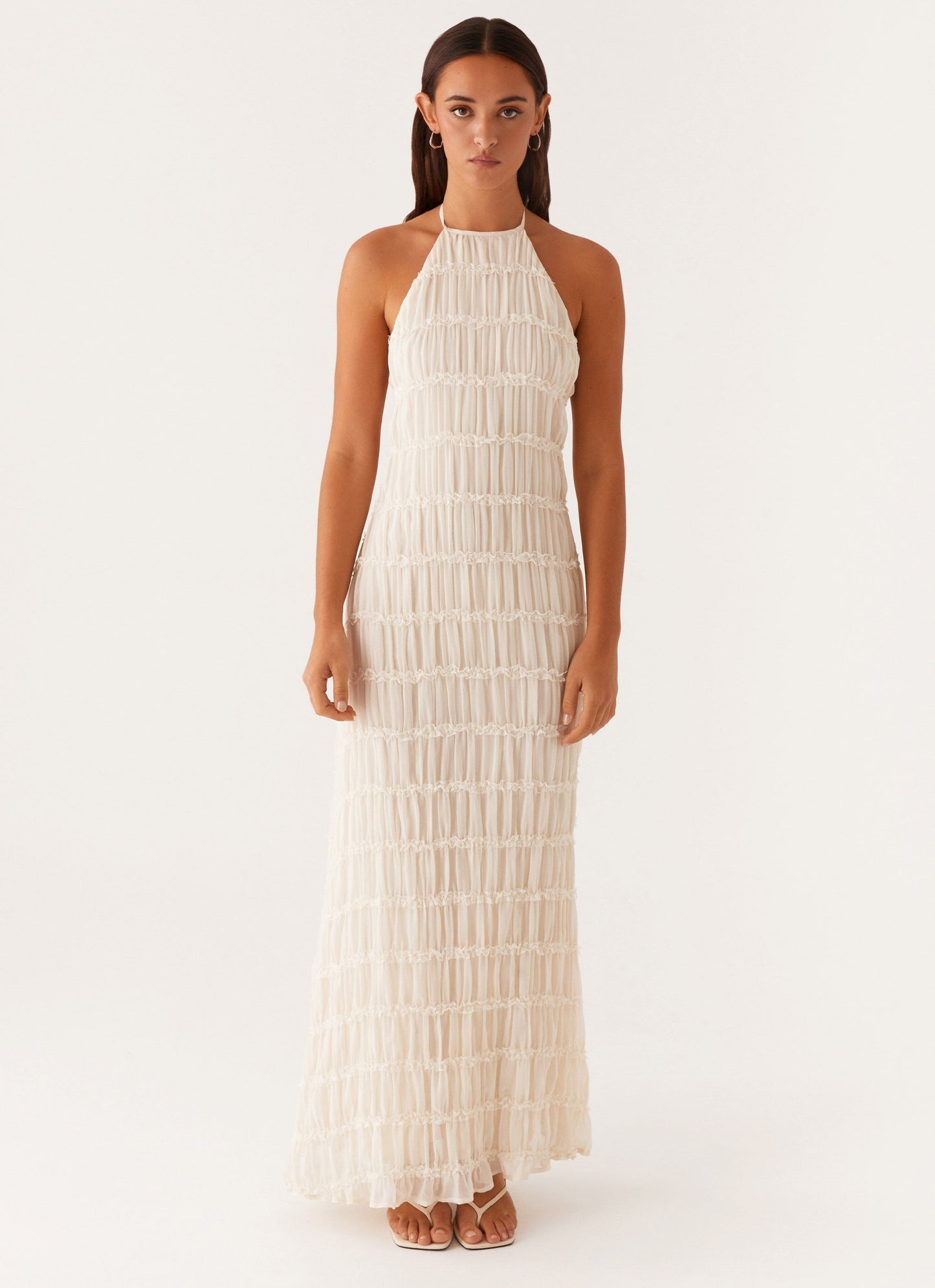 Women's Halter Neck Open Back Textured Maxi Evening Dress Wedding Guest
