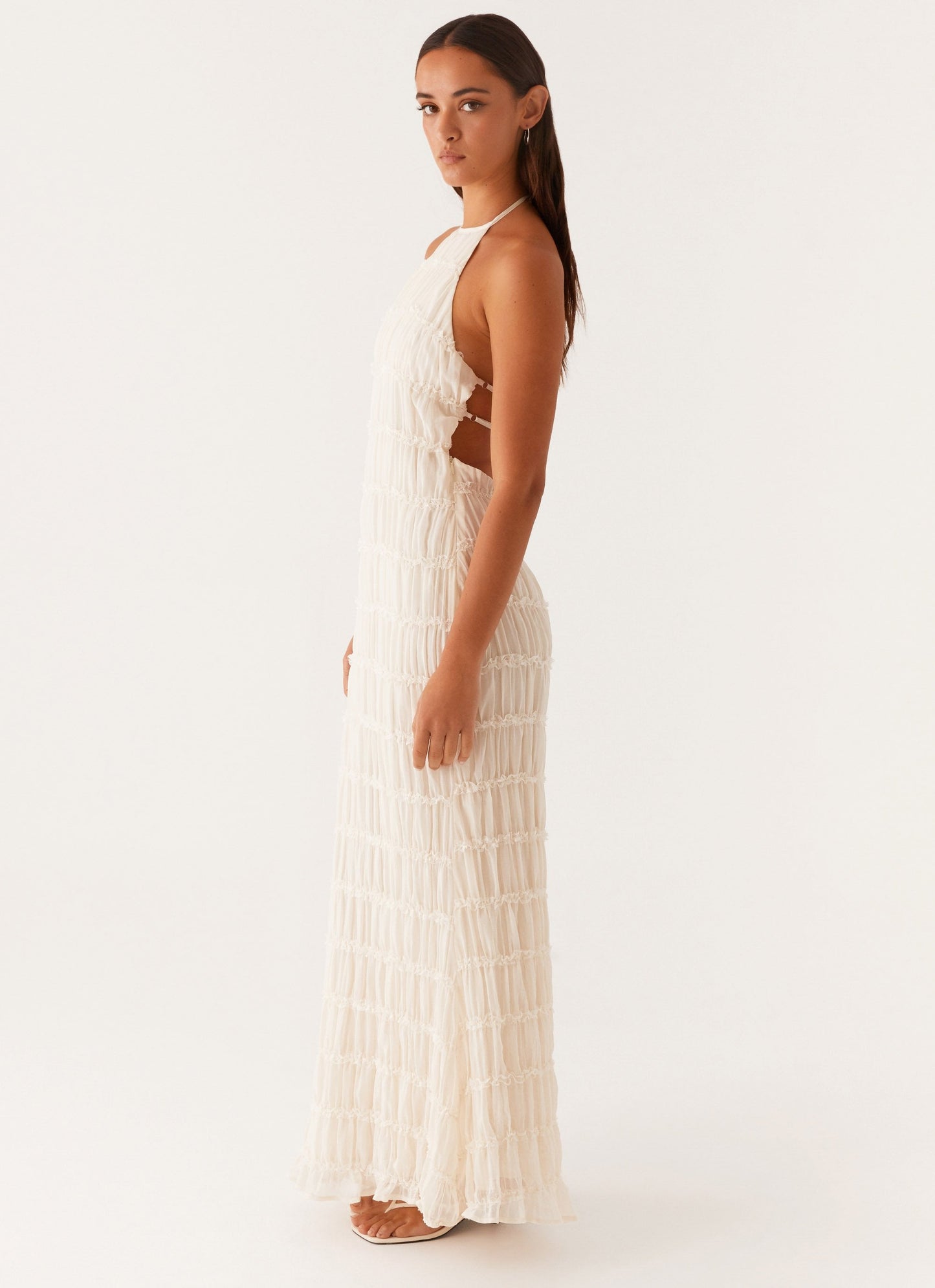 Women's Halter Neck Open Back Textured Maxi Evening Dress Wedding Guest