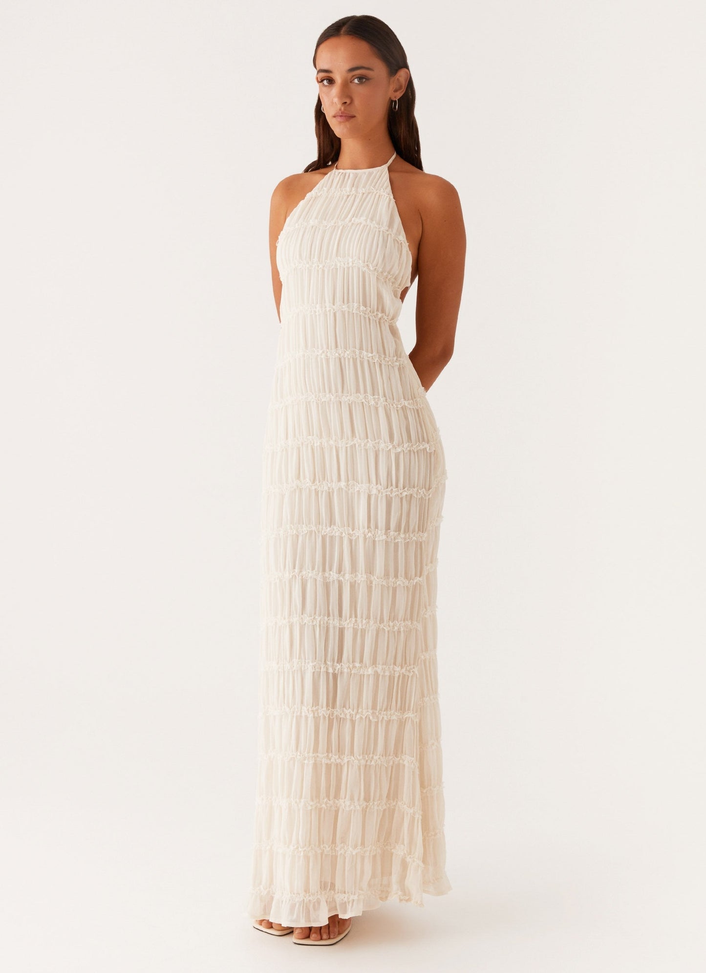 Women's Halter Neck Open Back Textured Maxi Evening Dress Wedding Guest