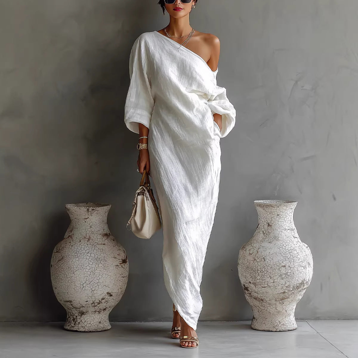 Maxi Dress for Women | Slanted Neckline Lantern Sleeve Loose Fit Casual Dress