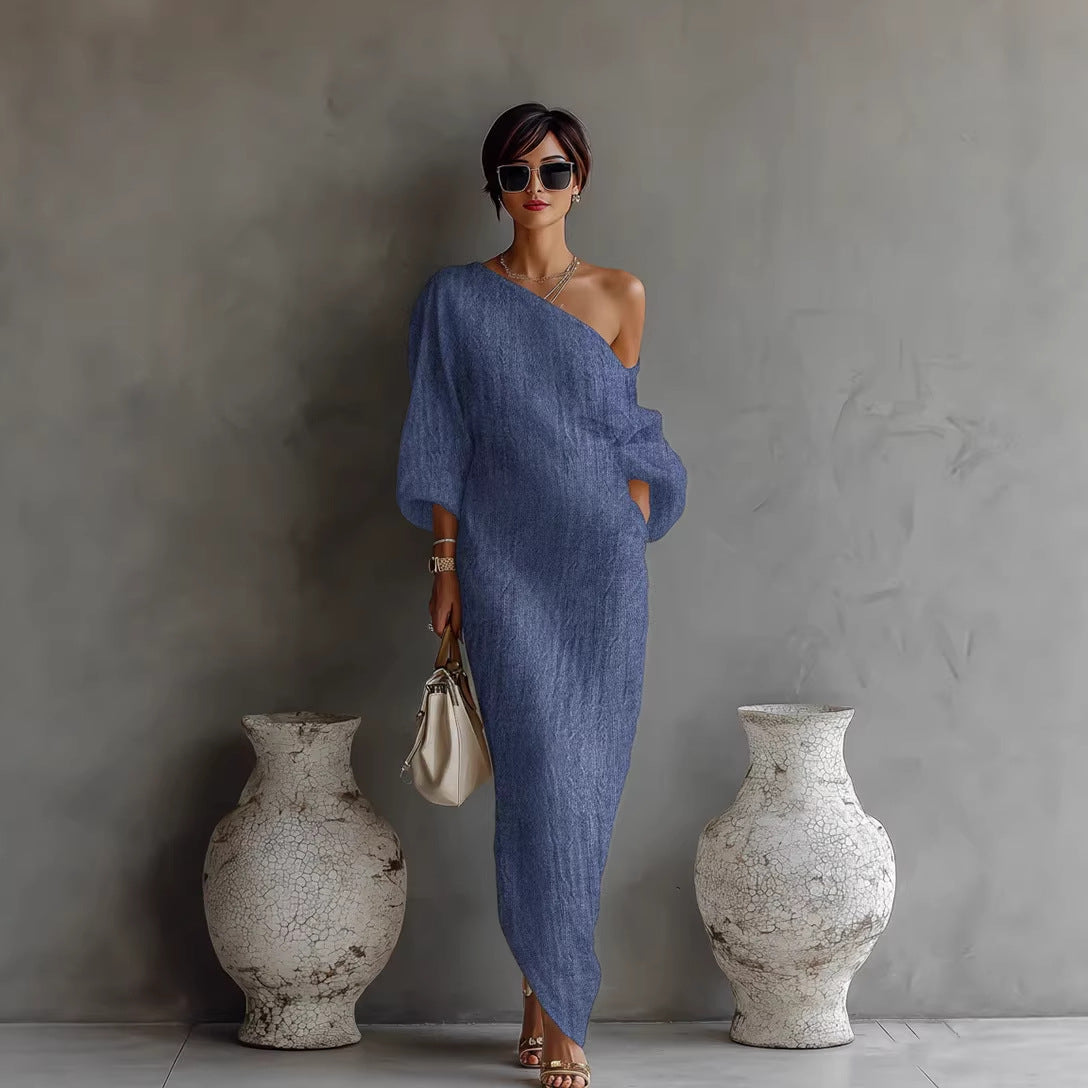 Maxi Dress for Women | Slanted Neckline Lantern Sleeve Loose Fit Casual Dress