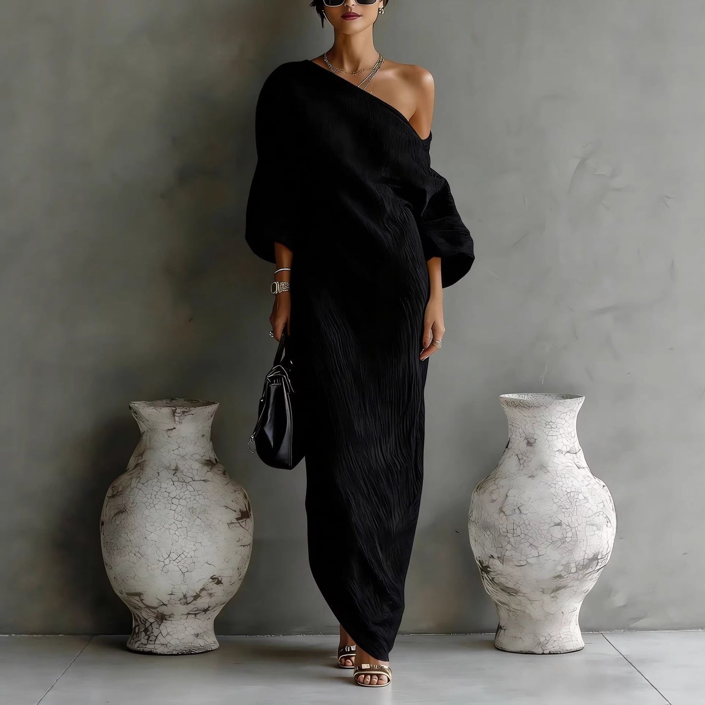 Maxi Dress for Women | Slanted Neckline Lantern Sleeve Loose Fit Casual Dress