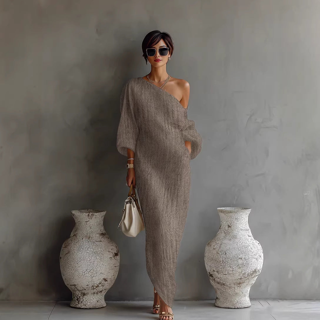 Maxi Dress for Women | Slanted Neckline Lantern Sleeve Loose Fit Casual Dress