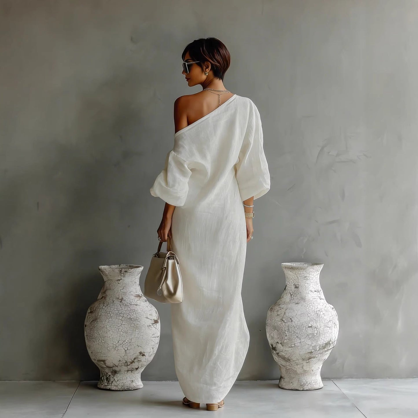 Maxi Dress for Women | Slanted Neckline Lantern Sleeve Loose Fit Casual Dress