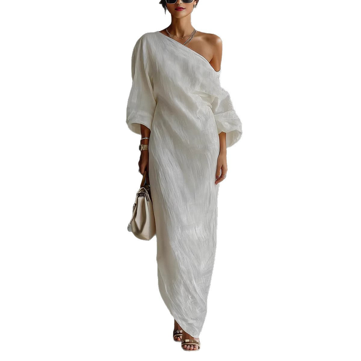 Maxi Dress for Women | Slanted Neckline Lantern Sleeve Loose Fit Casual Dress
