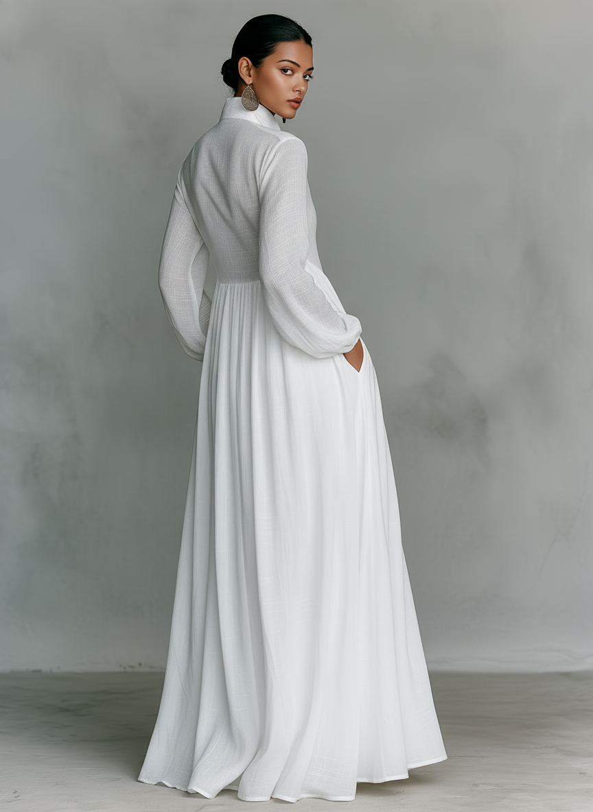 Women's Maxi Dress | Single-Breasted Stand Collar Long Sleeve Patchwork Casual Dress