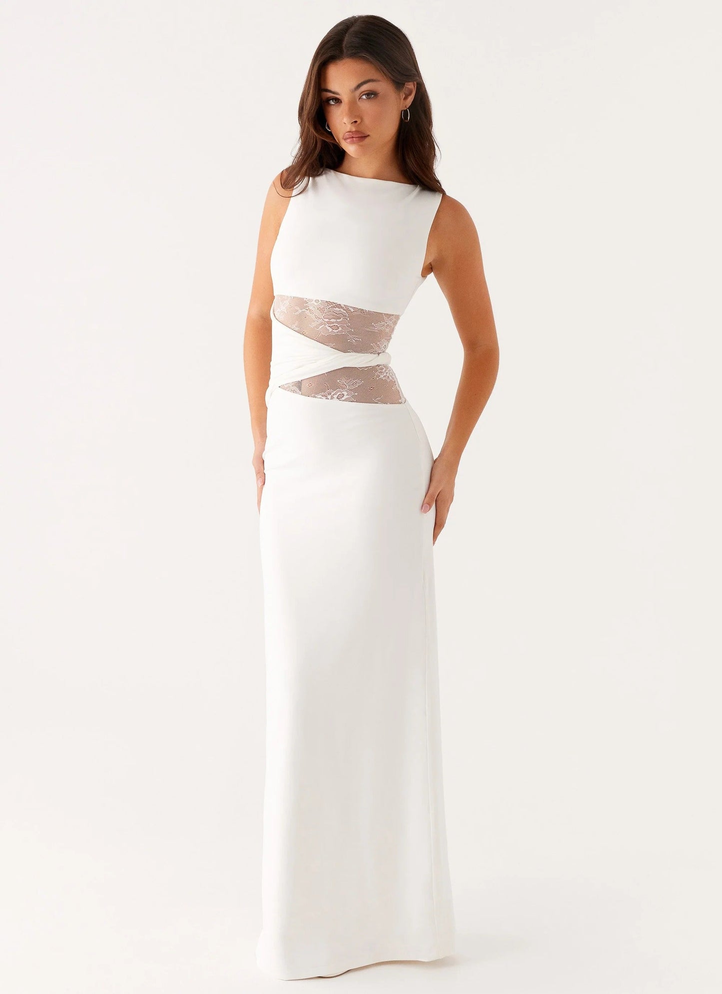 Women's Sleeveless Scoop Neck Mesh Cutout Fitted Maxi Evening Dress