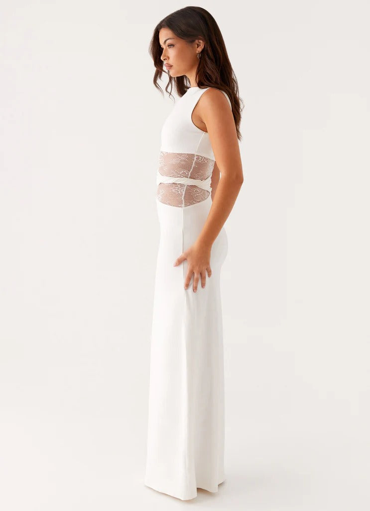 Women's Sleeveless Scoop Neck Mesh Cutout Fitted Maxi Evening Dress