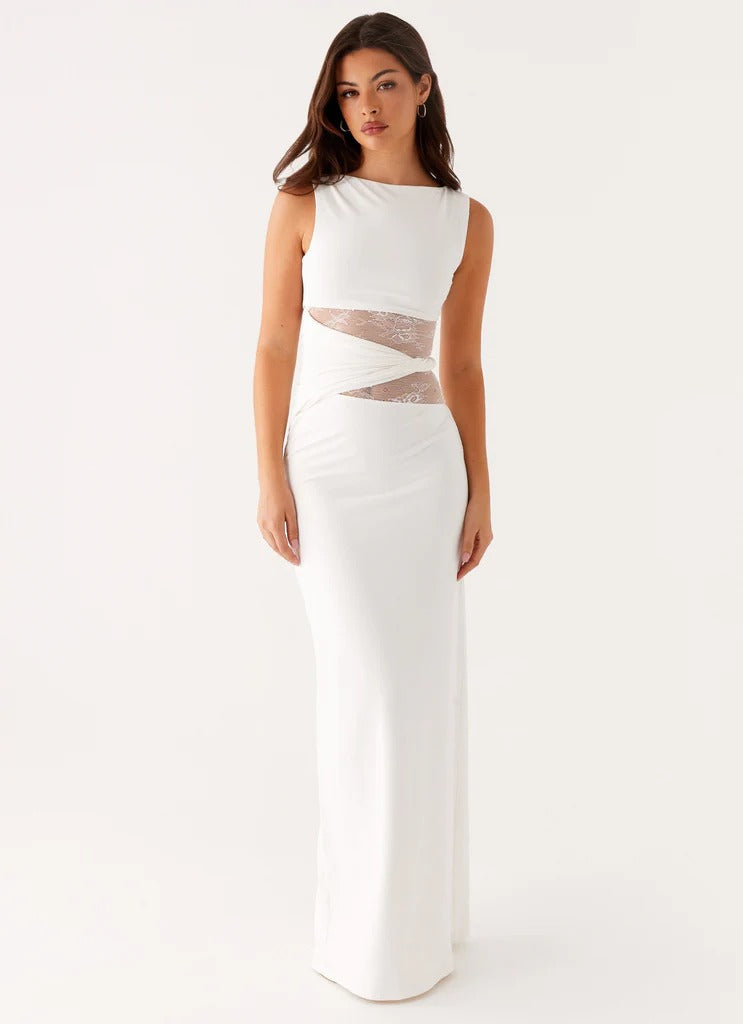 Women's Sleeveless Scoop Neck Mesh Cutout Fitted Maxi Evening Dress