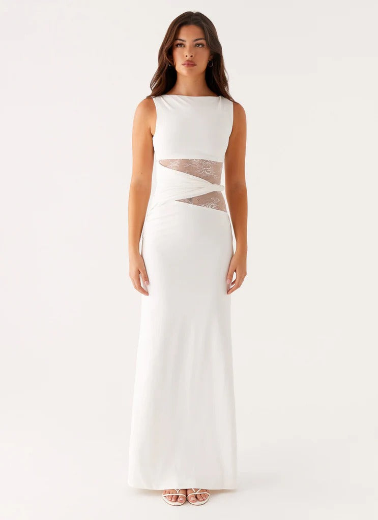 Women's Sleeveless Scoop Neck Mesh Cutout Fitted Maxi Evening Dress