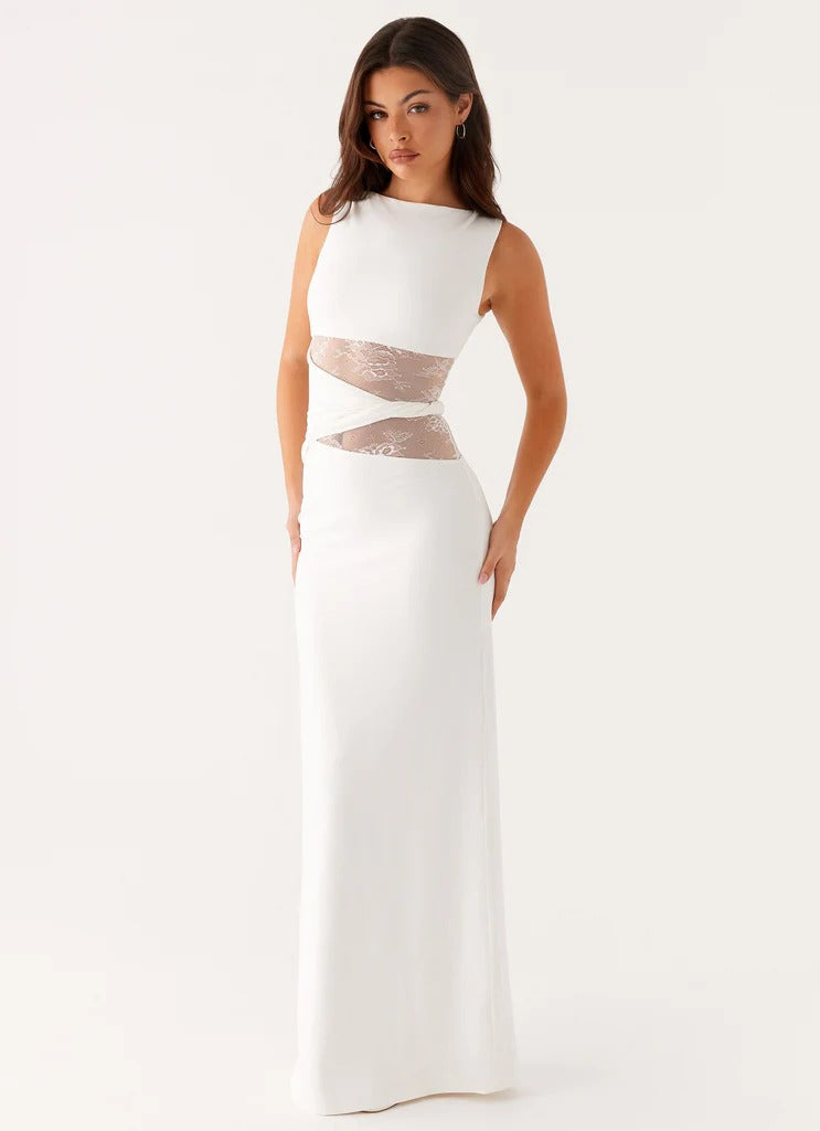 Women's Sleeveless Scoop Neck Mesh Cutout Fitted Maxi Evening Dress