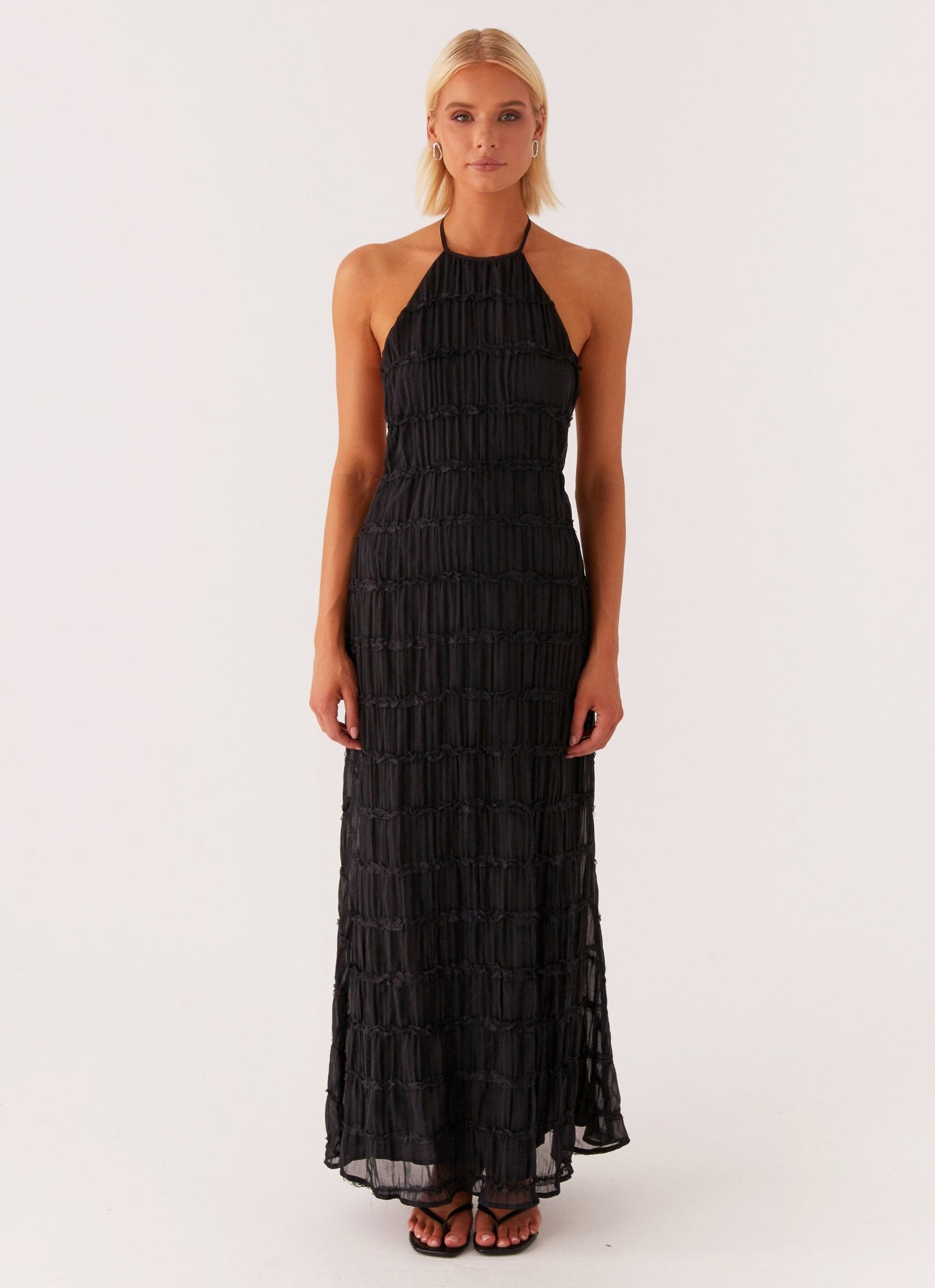 Women's Halter Neck Open Back Textured Maxi Evening Dress Wedding Guest