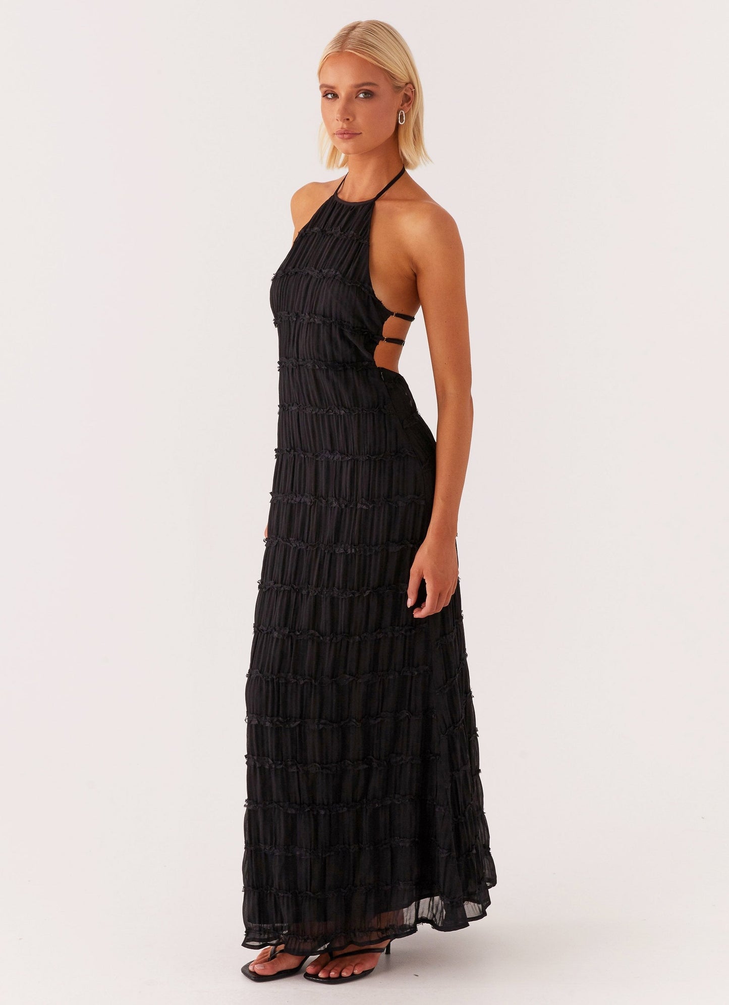 Women's Halter Neck Open Back Textured Maxi Evening Dress Wedding Guest