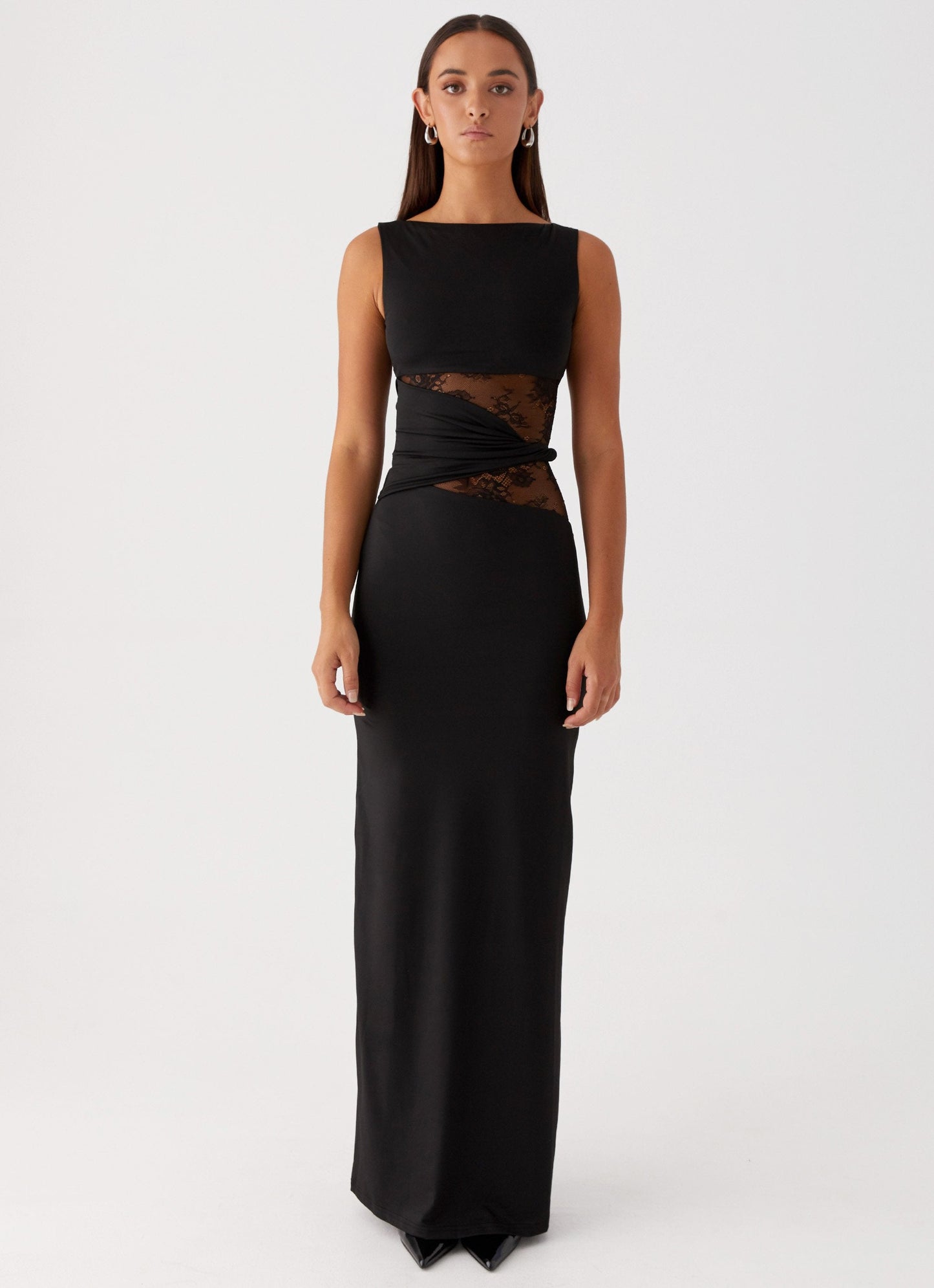 Women's Sleeveless Scoop Neck Mesh Cutout Fitted Maxi Evening Dress