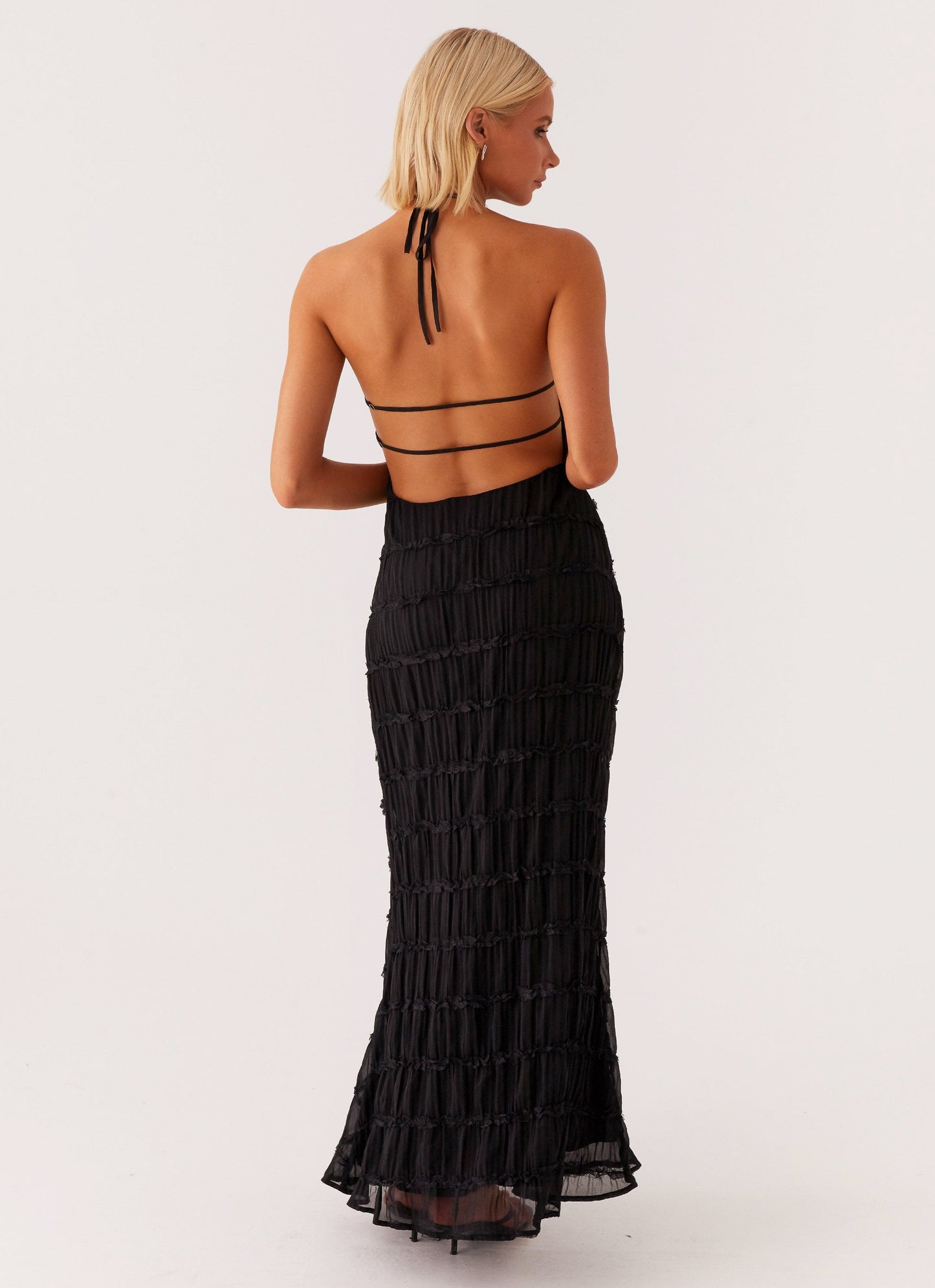 Women's Halter Neck Open Back Textured Maxi Evening Dress Wedding Guest