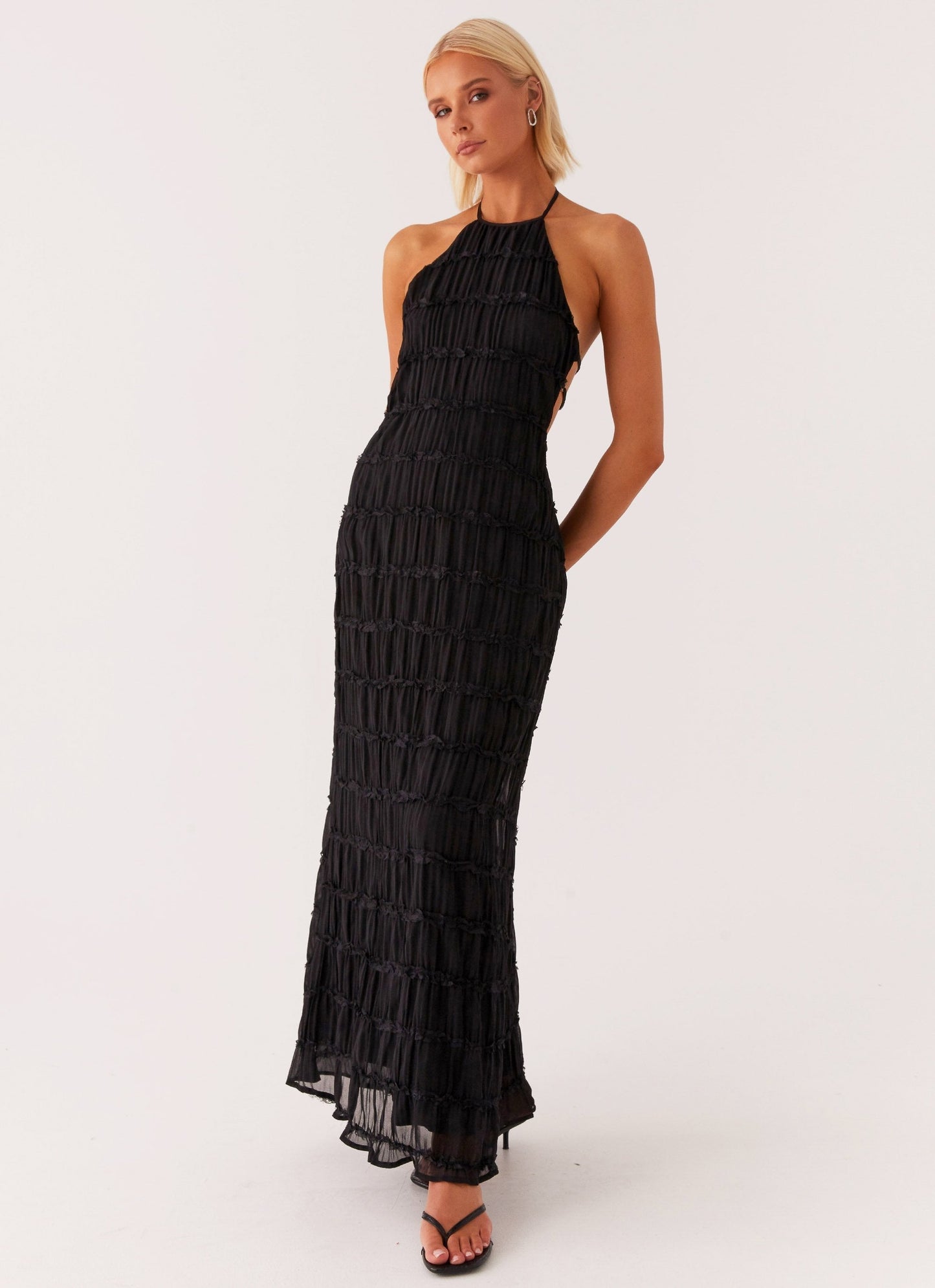 Women's Halter Neck Open Back Textured Maxi Evening Dress Wedding Guest