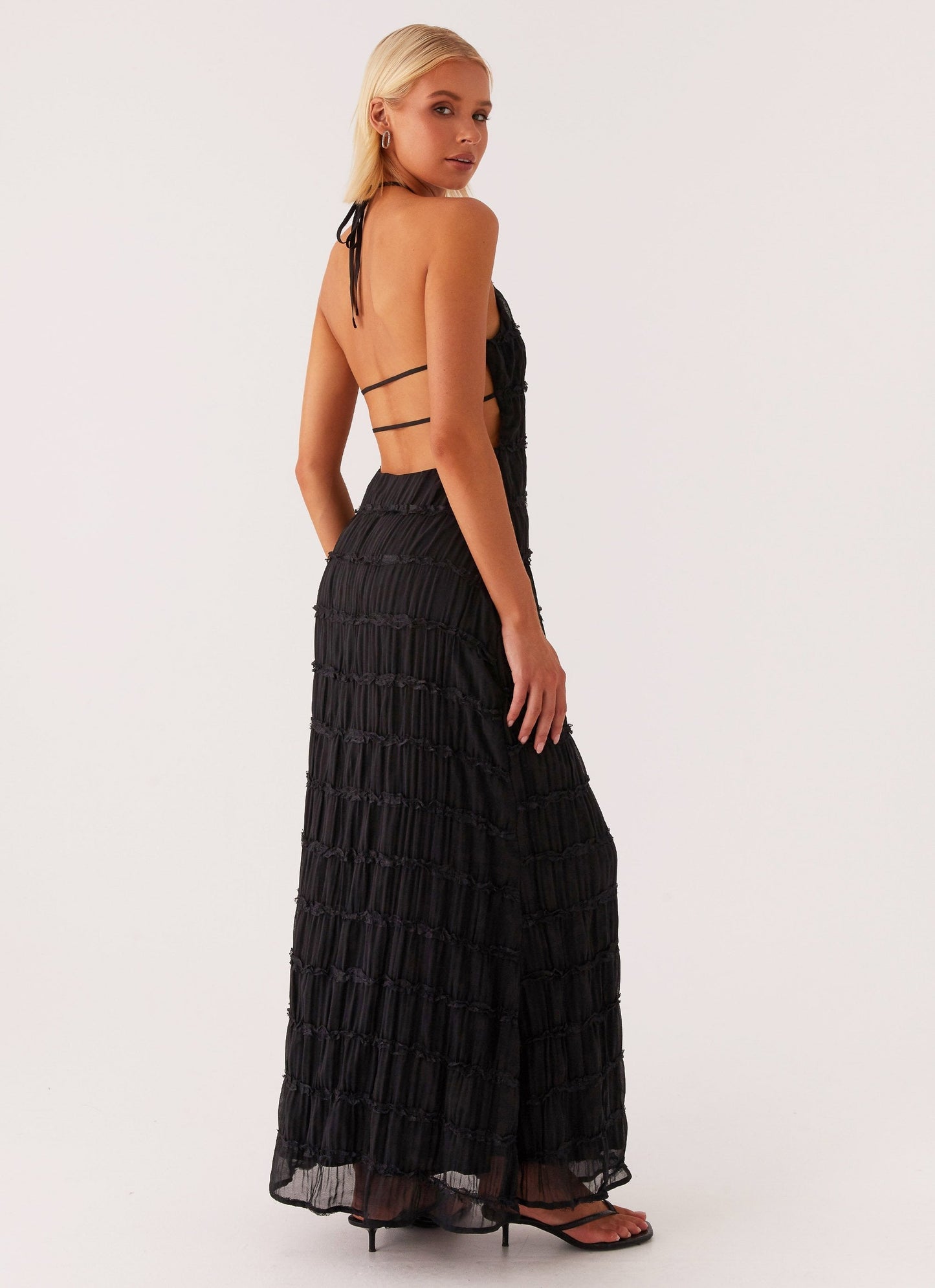 Women's Halter Neck Open Back Textured Maxi Evening Dress Wedding Guest