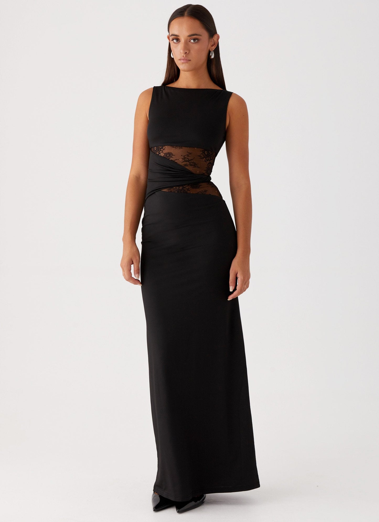 Women's Sleeveless Scoop Neck Mesh Cutout Fitted Maxi Evening Dress
