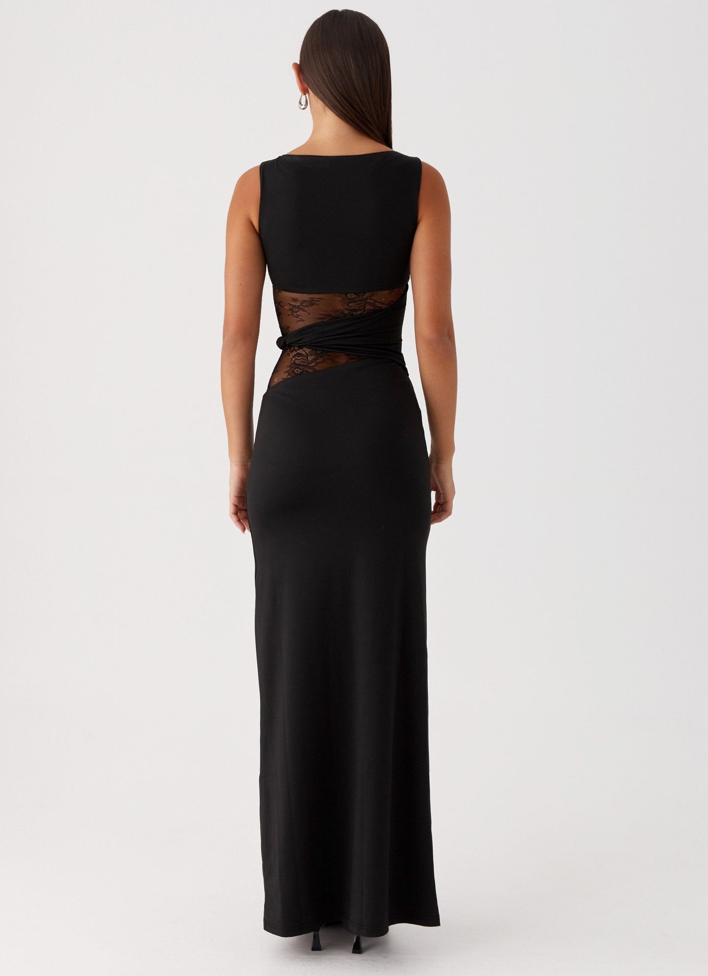 Women's Sleeveless Scoop Neck Mesh Cutout Fitted Maxi Evening Dress