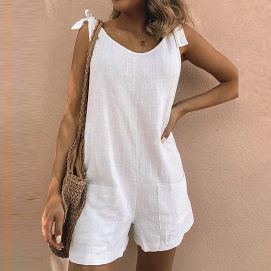 Women's Summer Romper with Pockets and Bow Detail