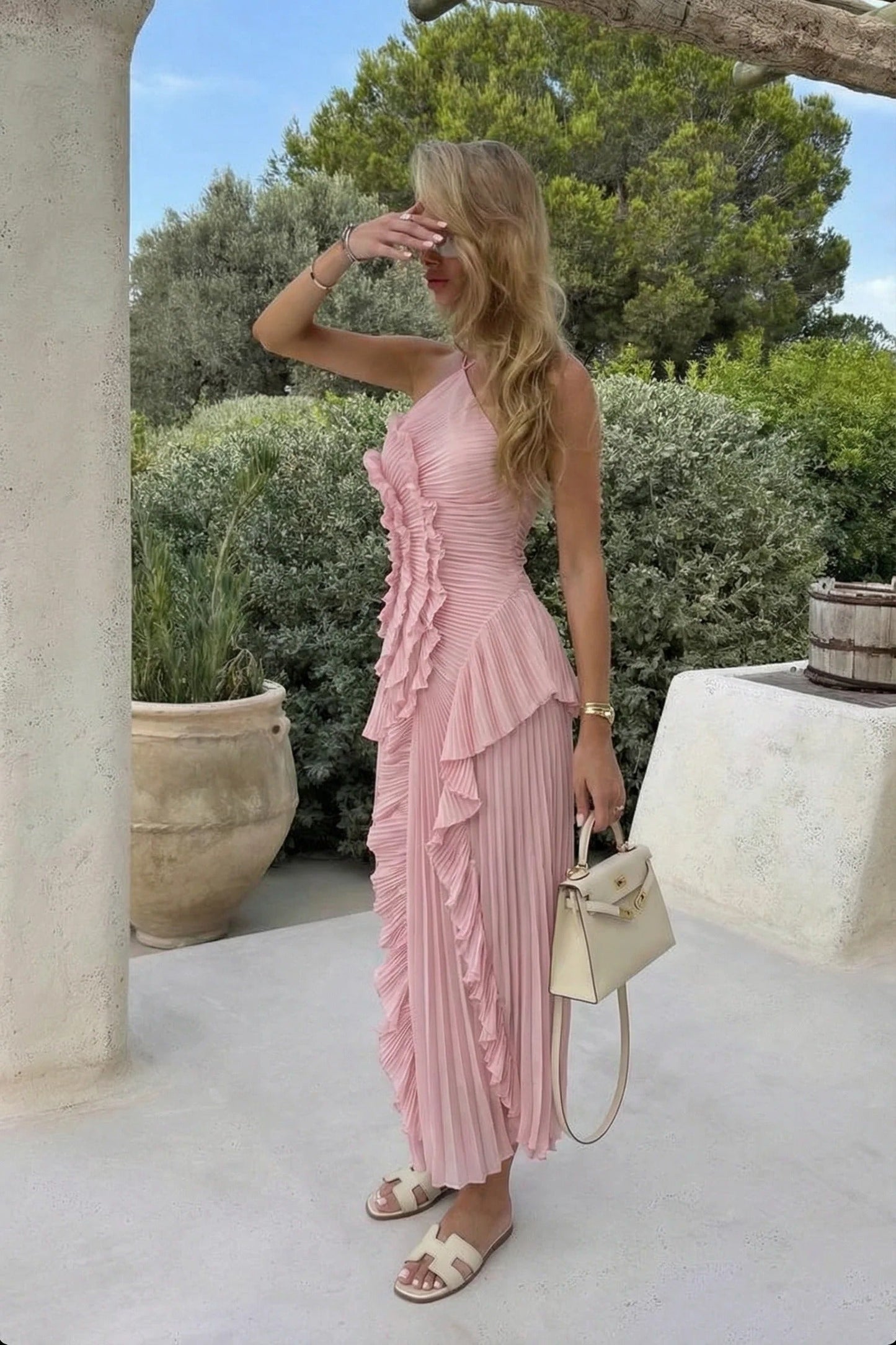 Women’s Pleated Ruffled Maxi Wedding Guest Dress