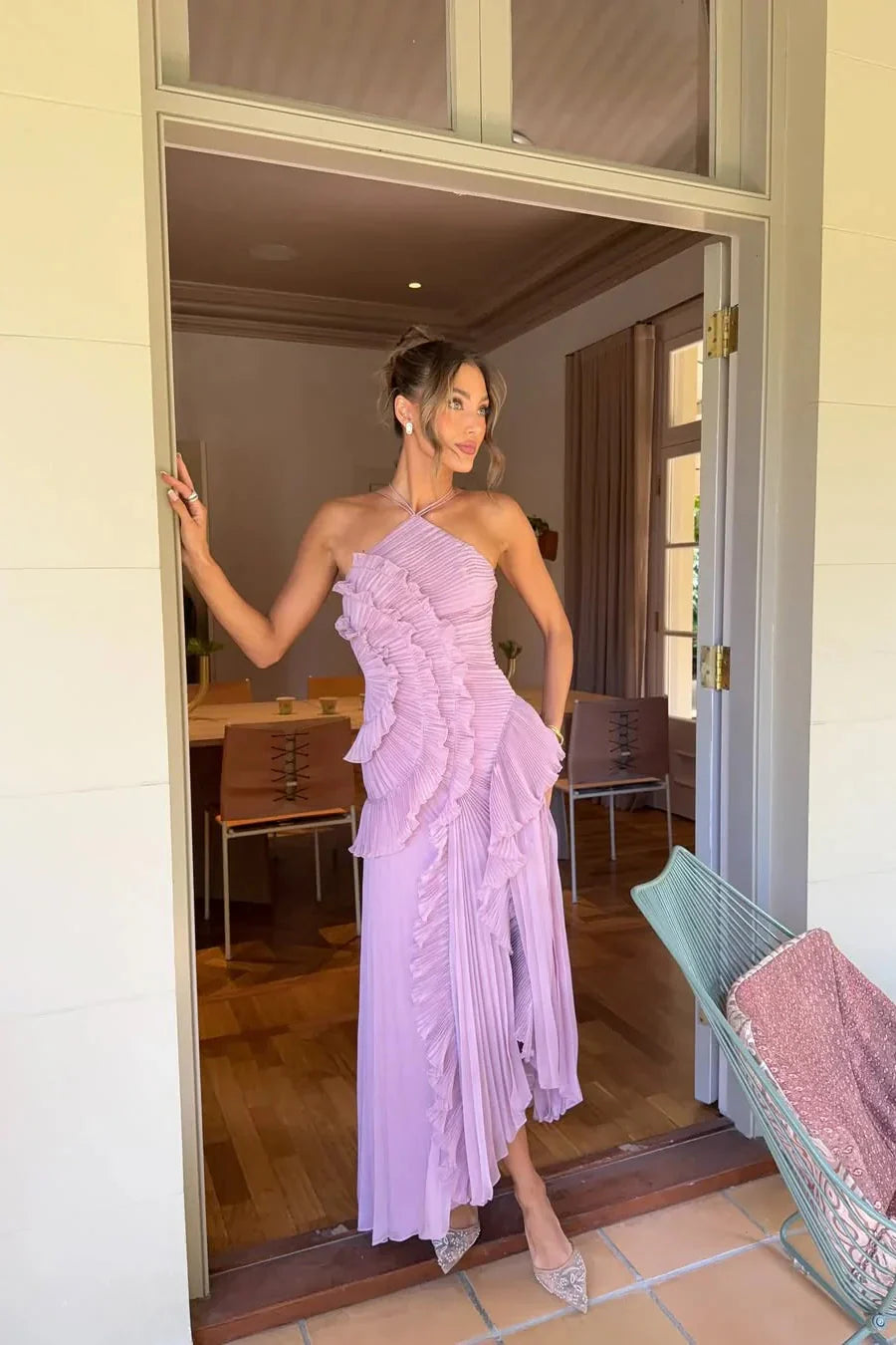 Women’s Pleated Ruffled Maxi Wedding Guest Dress