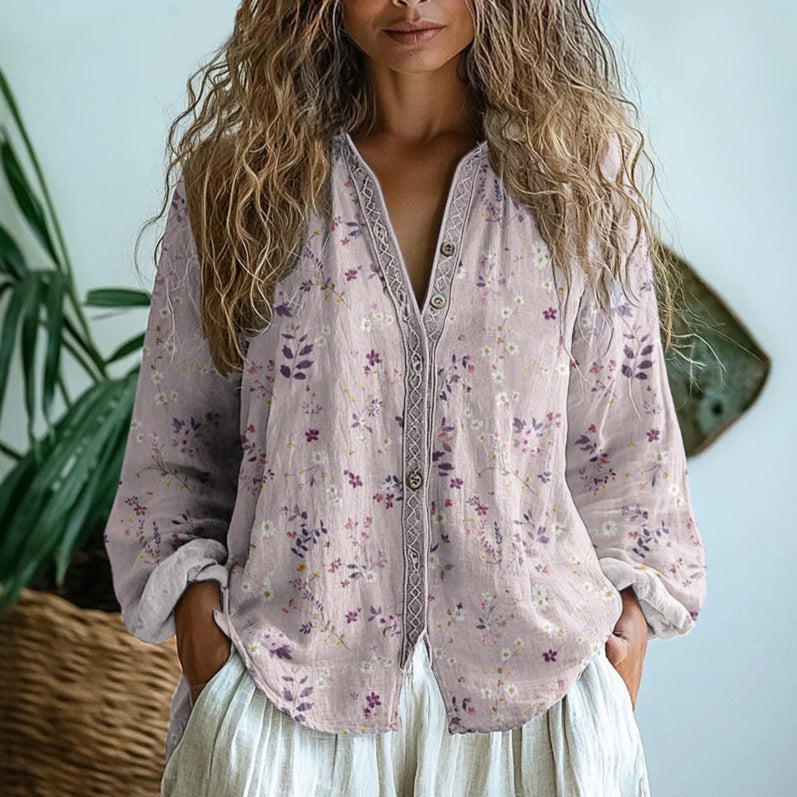 Printed V-Neck Women Blouse | Long Sleeve Casual Top