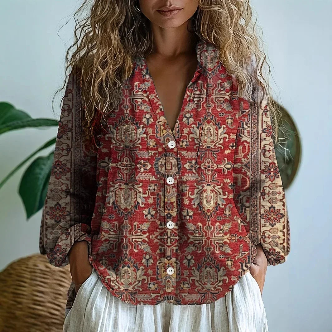 Printed V-Neck Women Blouse | Long Sleeve Casual Top