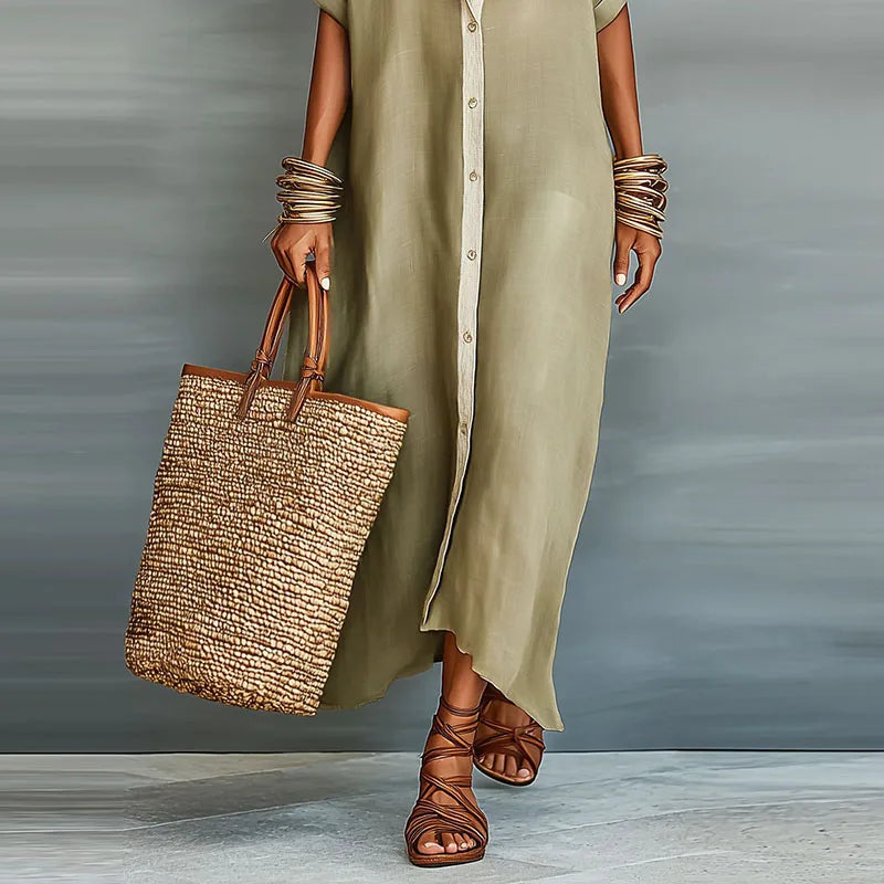 Women's Button-Down Collared Maxi Shirt Dress