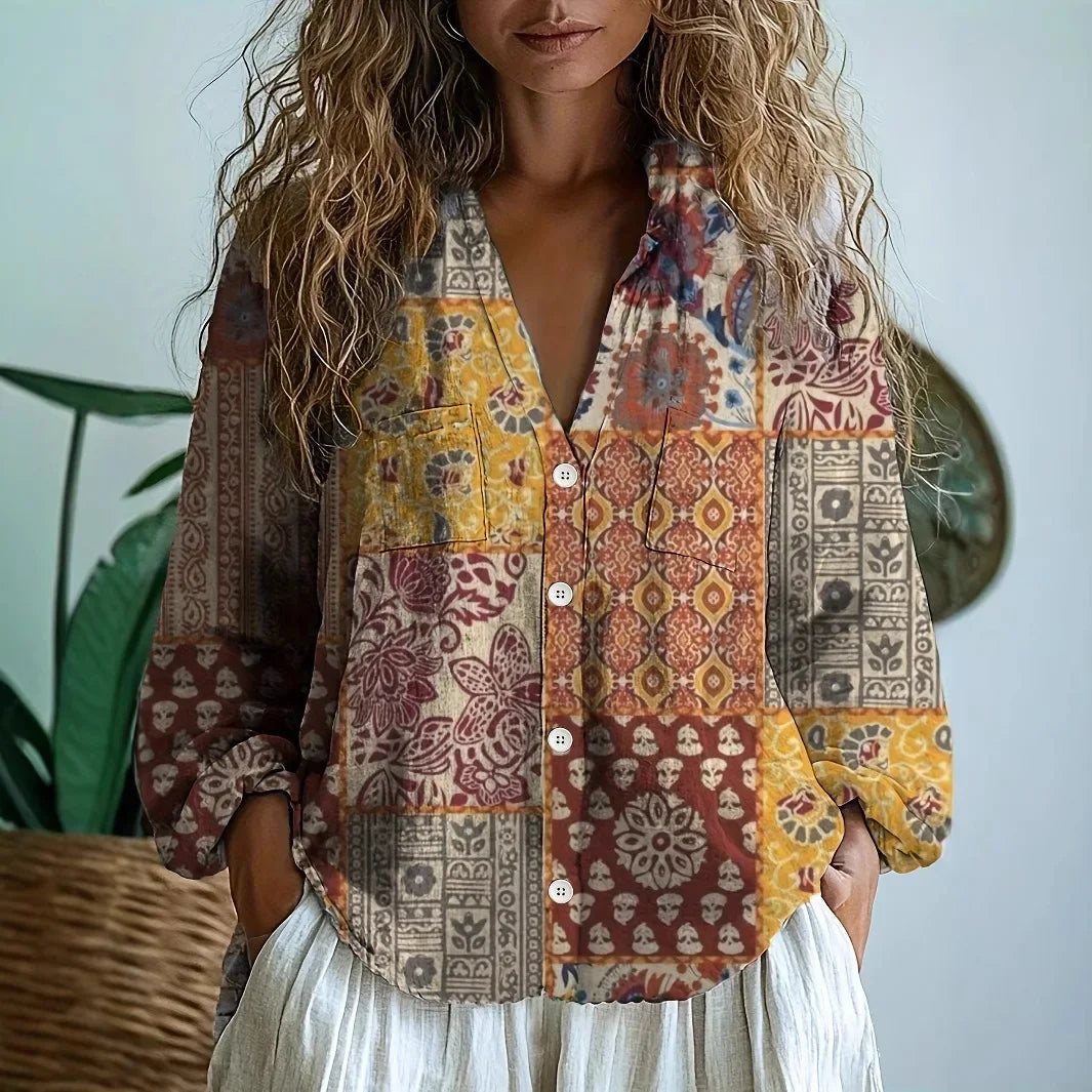 Printed V-Neck Women Blouse | Long Sleeve Casual Top
