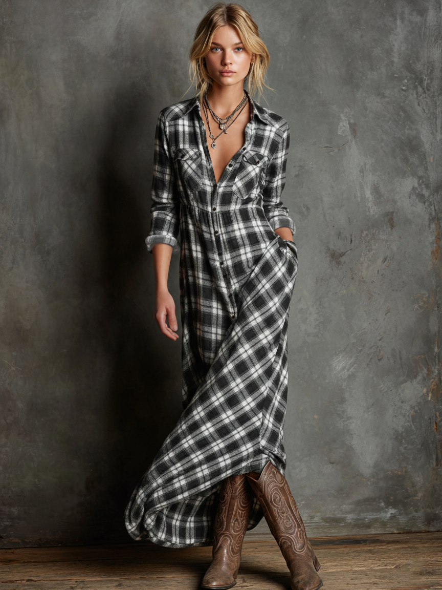 Women's Plaid Shirt Maxi Dress | Lapel Single-Breasted Casual Everyday Dress