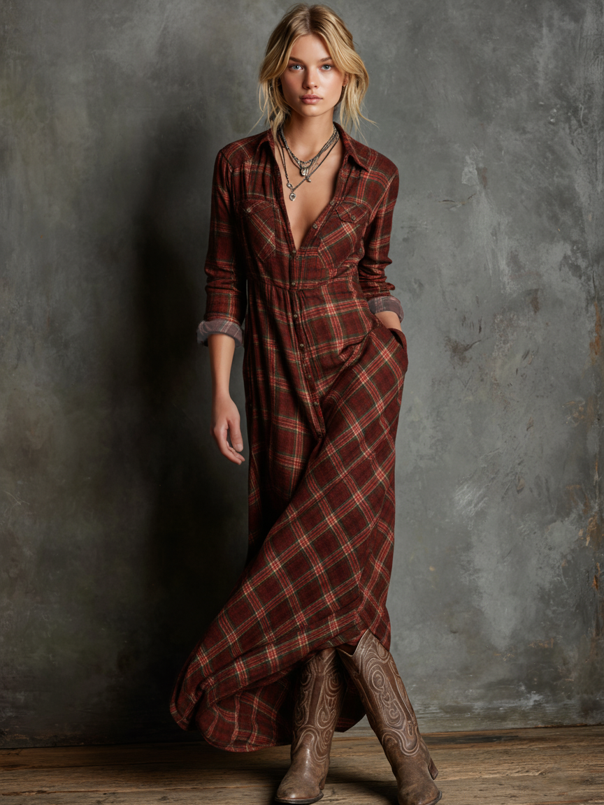 Women's Plaid Shirt Maxi Dress | Lapel Single-Breasted Casual Everyday Dress