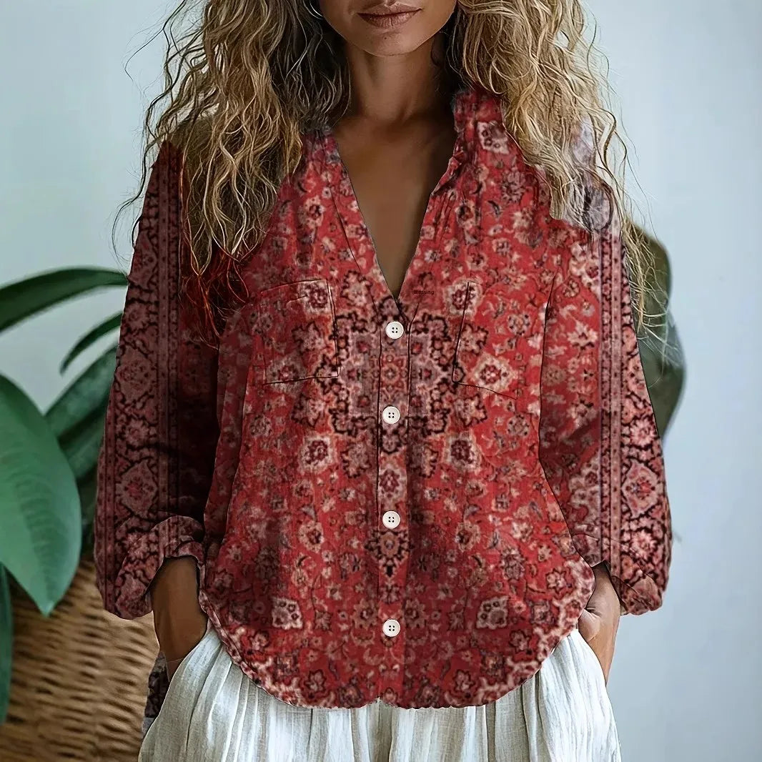 Printed V-Neck Women Blouse | Long Sleeve Casual Top