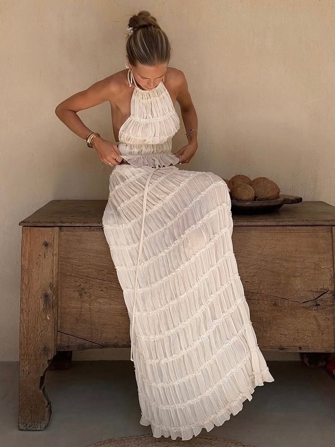 Women's Boho Ruffle Two-Piece Set | Flowy Skirt & Ruffled Top Summer Matching Outfit