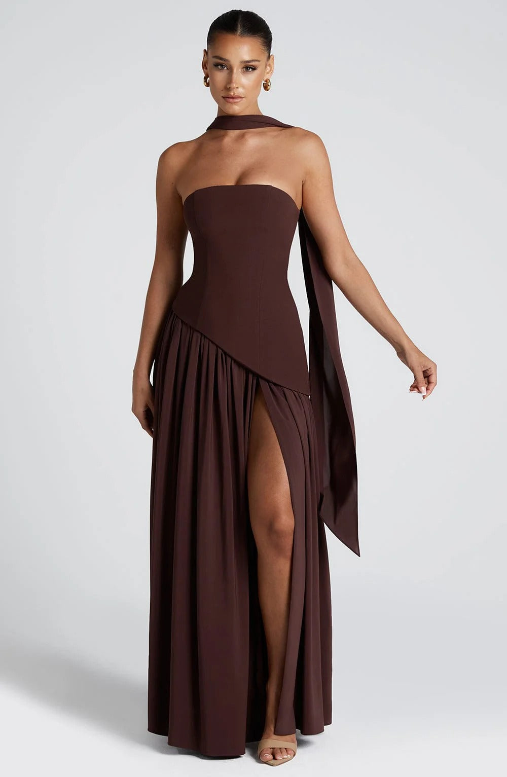 Women's Strapless Maxi Wedding Guest Dress with Scarf