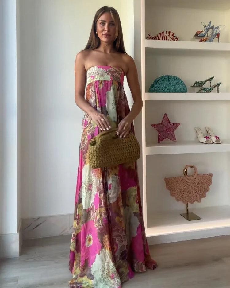 Women's Floral Strapless Maxi Summer Wedding Guest Dress