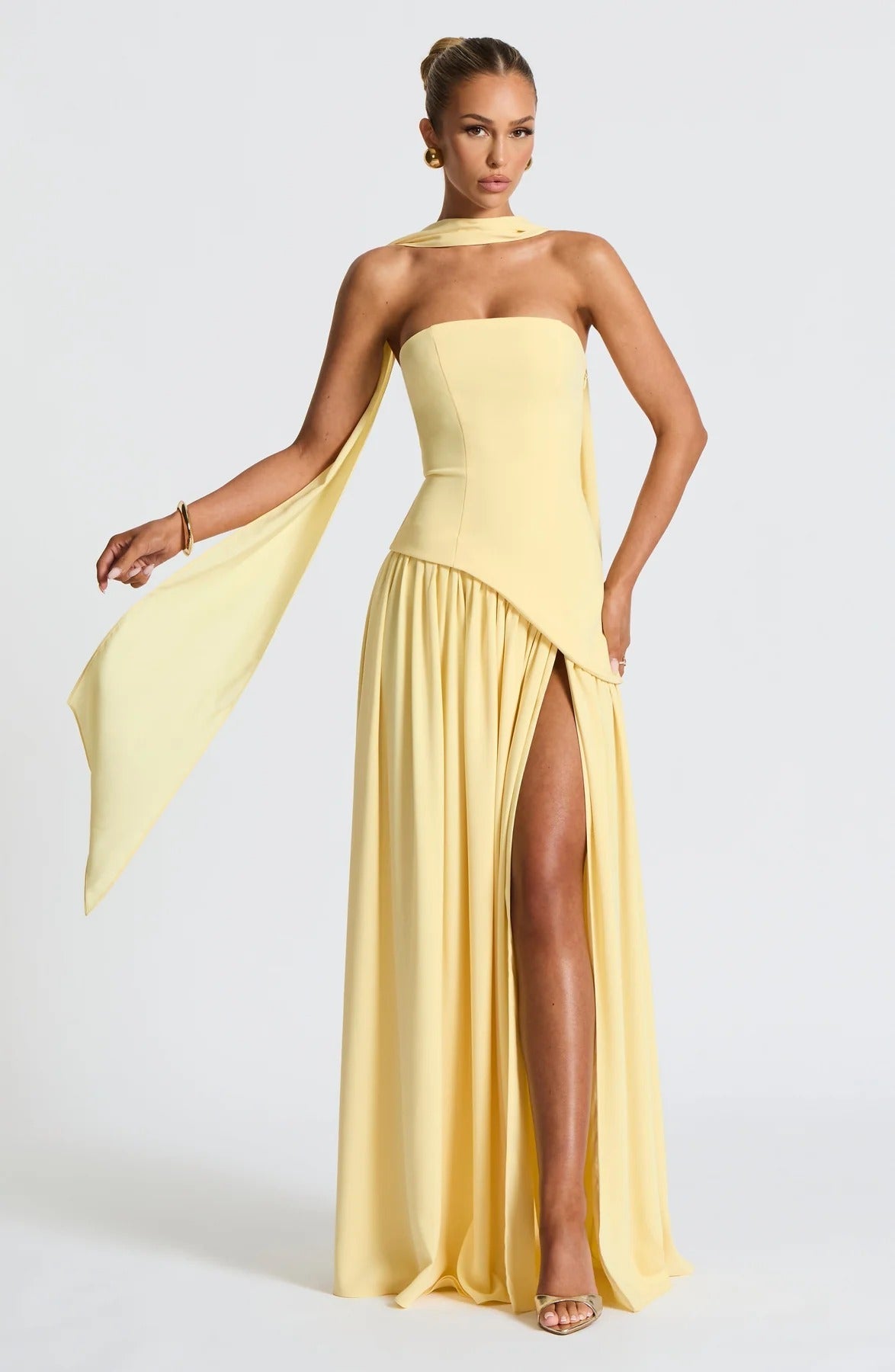 Women's Strapless Maxi Wedding Guest Dress with Scarf