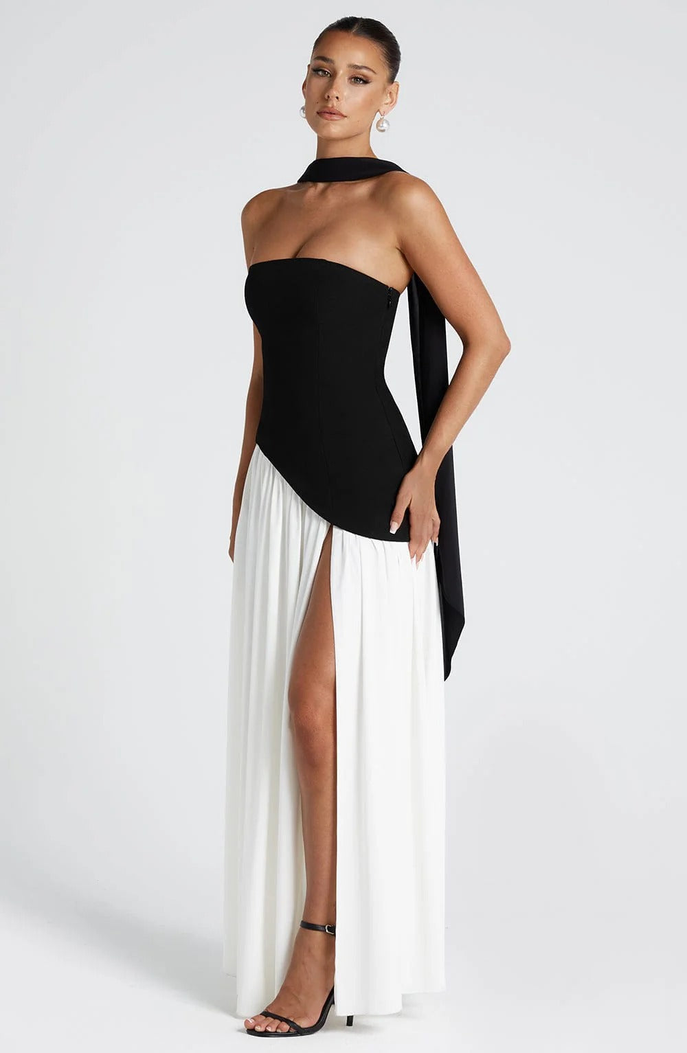 Women's Strapless Maxi Wedding Guest Dress with Scarf