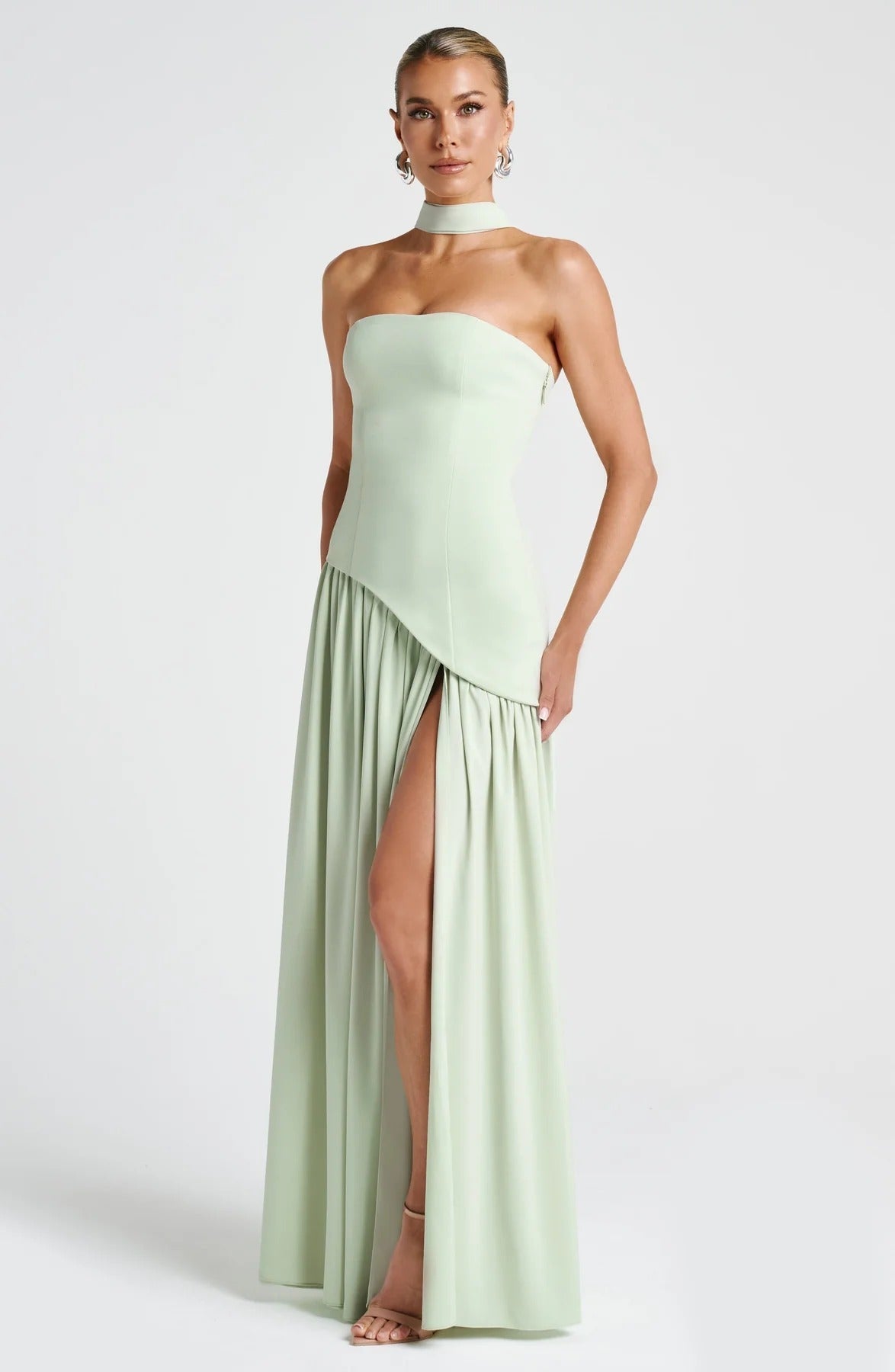 Women's Strapless Maxi Wedding Guest Dress with Scarf
