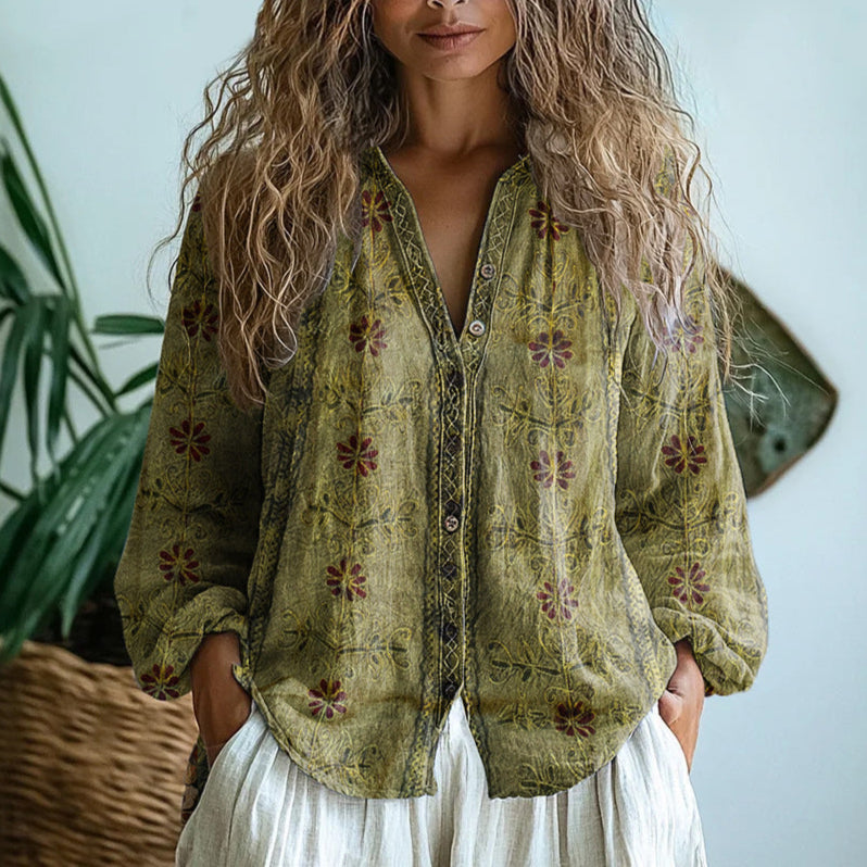 Printed V-Neck Women Blouse | Long Sleeve Casual Top
