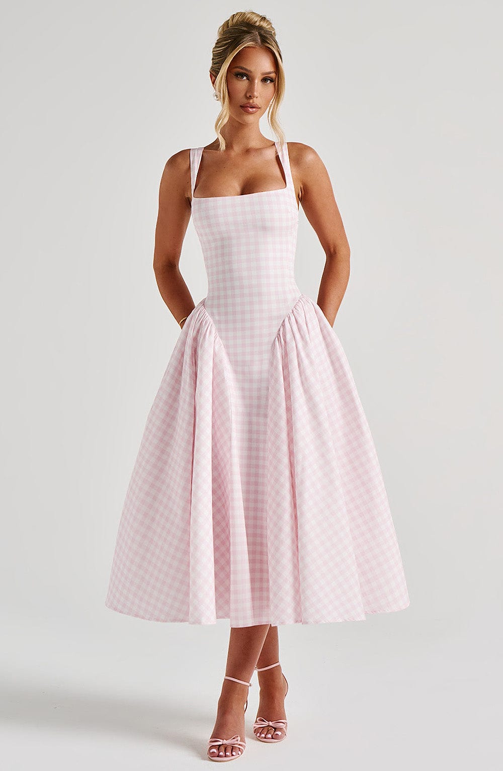 Women's Gingham Midi Dress with Adjustable Straps and Fitted Bodice