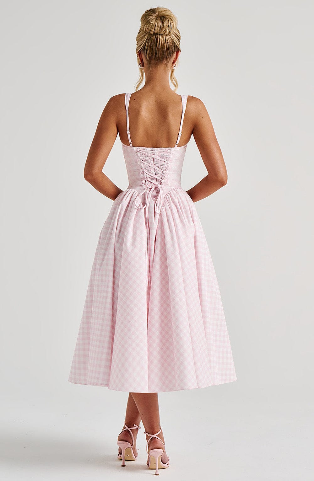 Women's Gingham Midi Dress with Adjustable Straps and Fitted Bodice