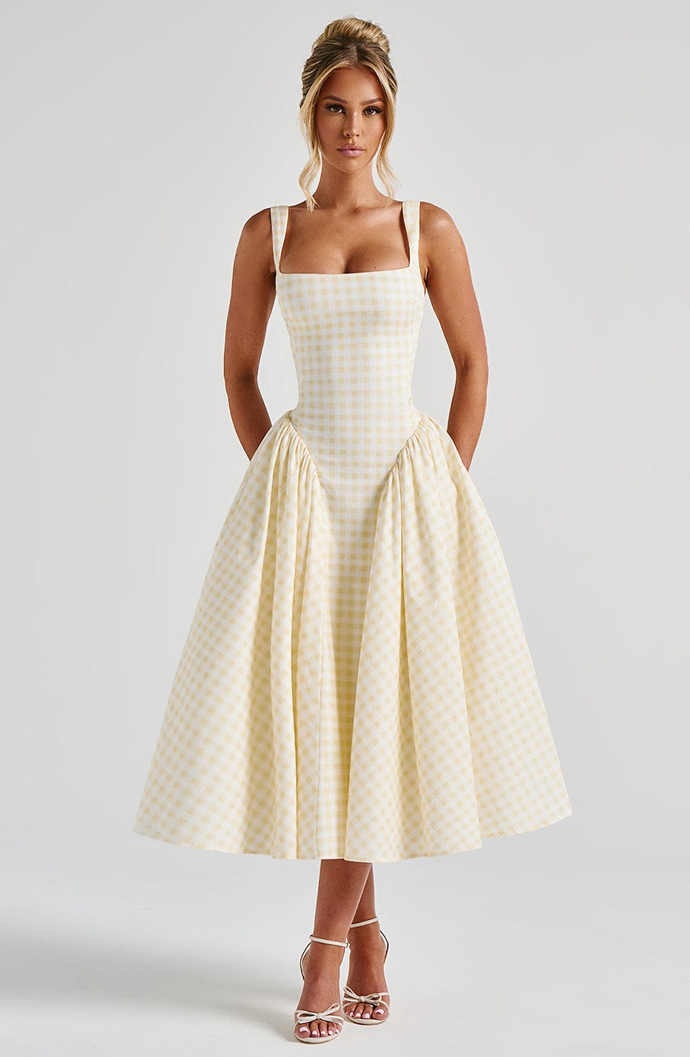 Women's Gingham Midi Dress with Adjustable Straps and Fitted Bodice