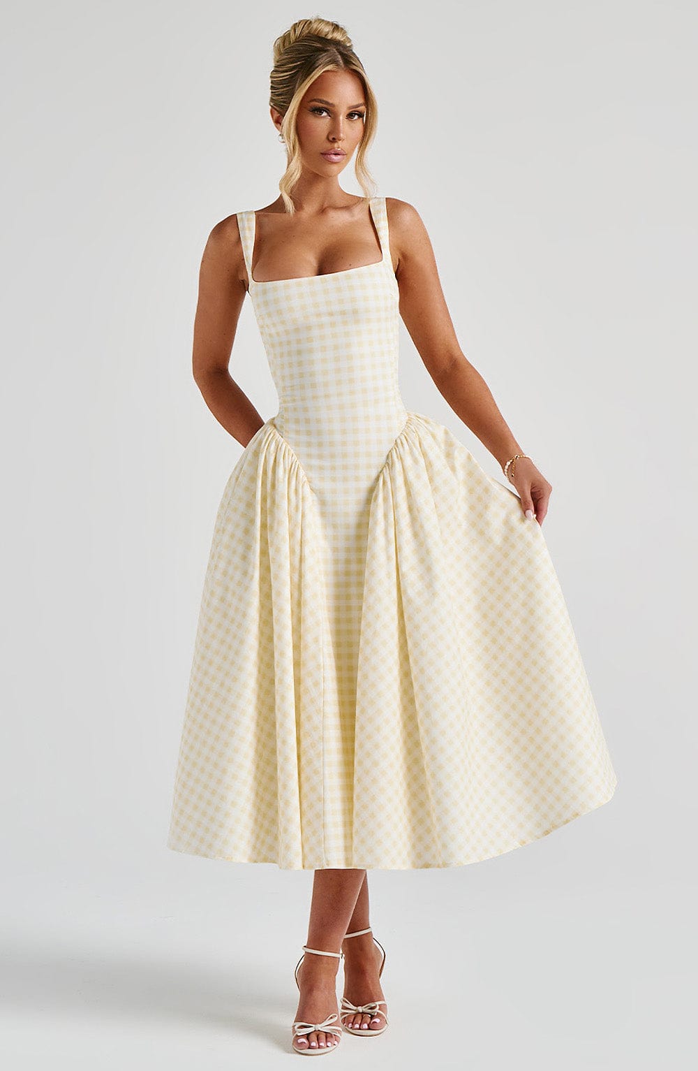 Women's Gingham Midi Dress with Adjustable Straps and Fitted Bodice