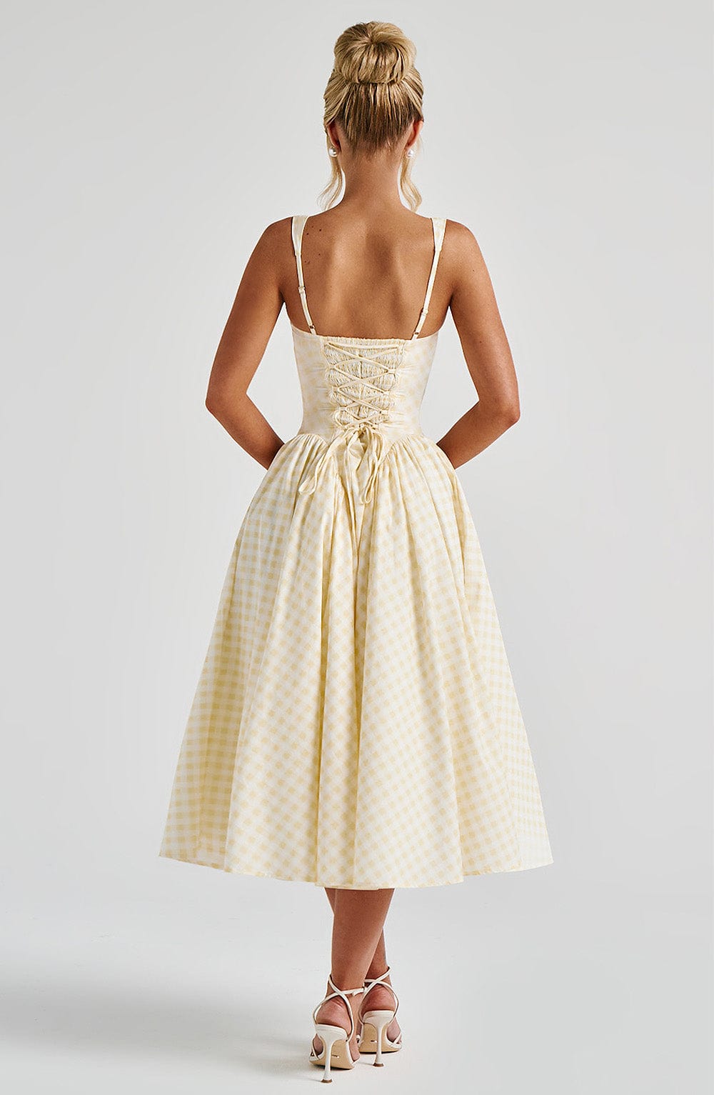 Women's Gingham Midi Dress with Adjustable Straps and Fitted Bodice