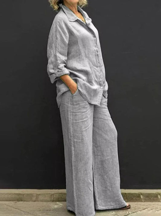 Women's Two-Piece Set | Vintage Blouse & Loose Trousers Casual & Formal Outfit