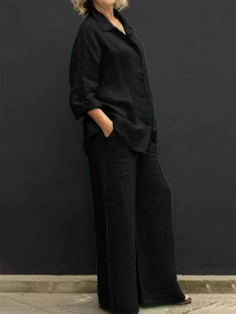 Women's Two-Piece Set | Vintage Blouse & Loose Trousers Casual & Formal Outfit