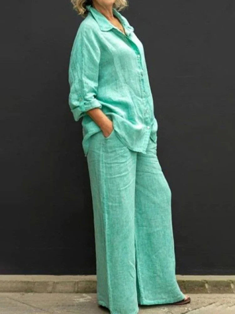 Women's Two-Piece Set | Vintage Blouse & Loose Trousers Casual & Formal Outfit
