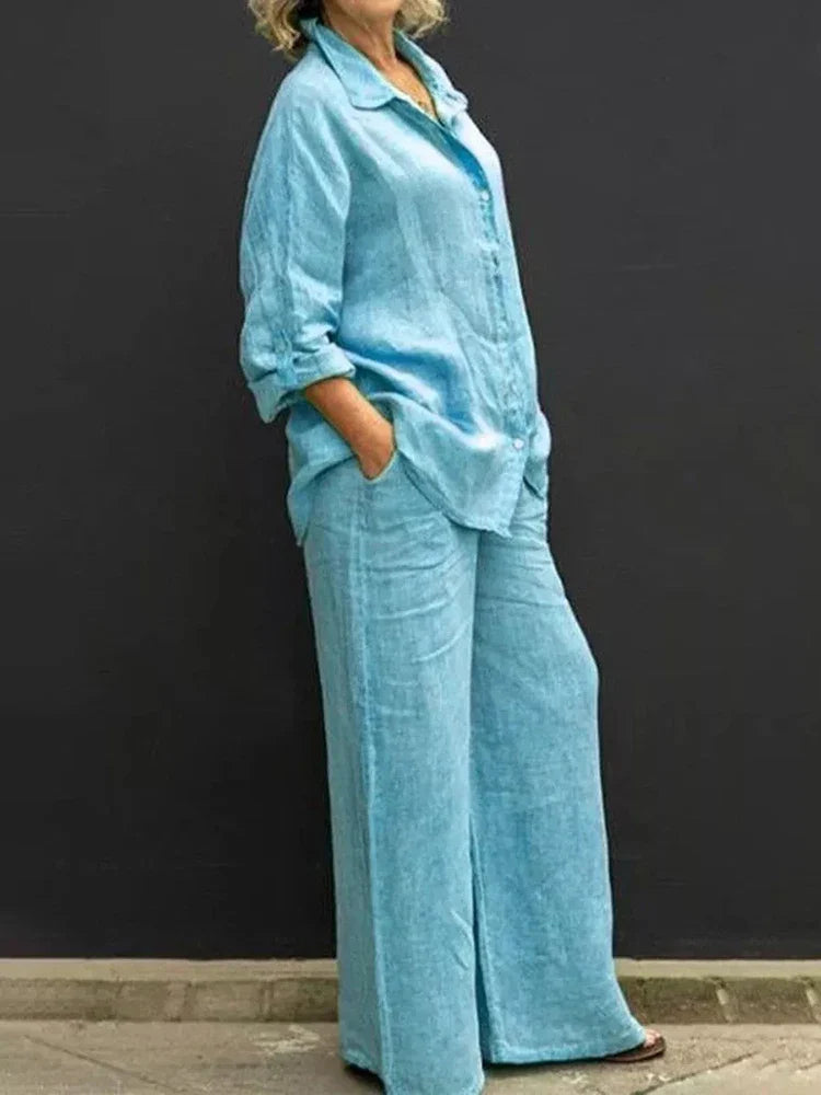 Women's Two-Piece Set | Vintage Blouse & Loose Trousers Casual & Formal Outfit